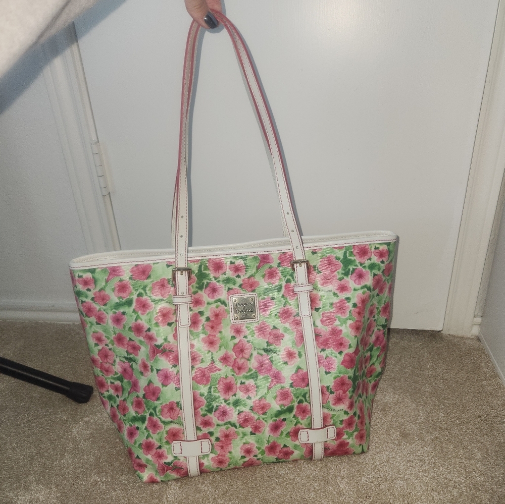 Dooney & Bourke Leather Floral Tote Bag with Pink and Green Design